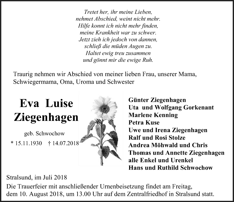  Traueranzeige für Eva Luise Ziegenhagen vom 21.07.2018 aus Ostsee-Zeitung GmbH