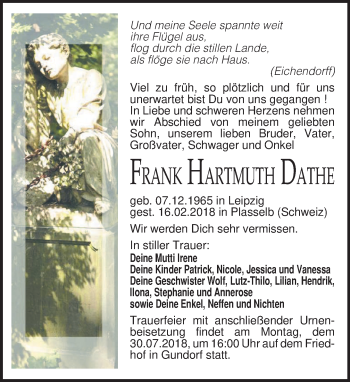 Traueranzeige von Frank Hartmuth Dathe von Leipziger Volkszeitung