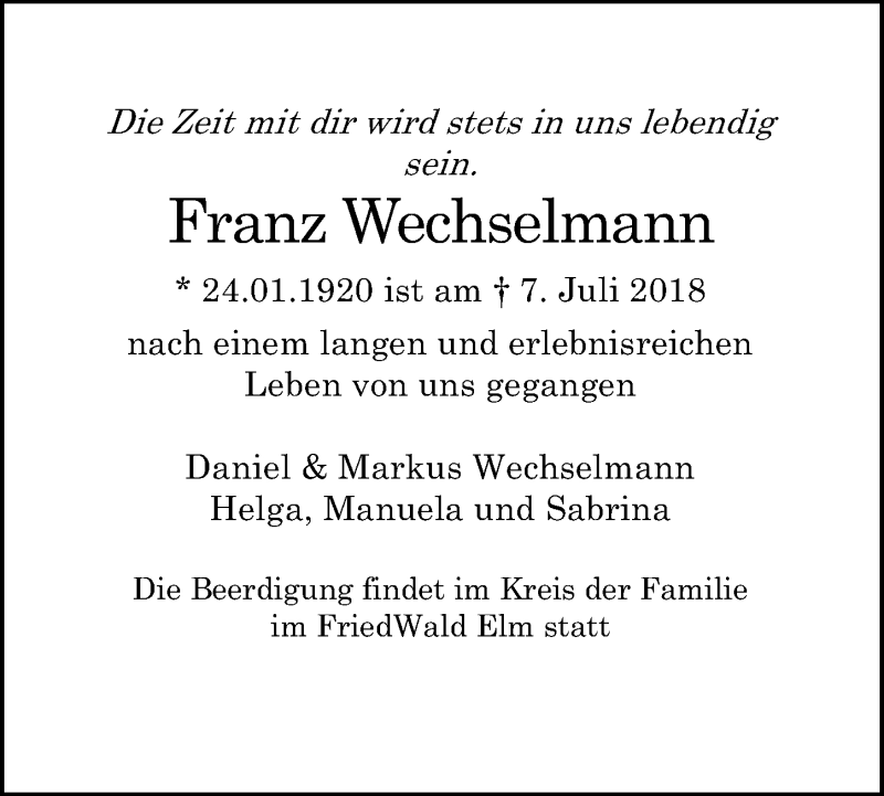  Traueranzeige für Franz Wechselmann vom 28.07.2018 aus Aller Zeitung
