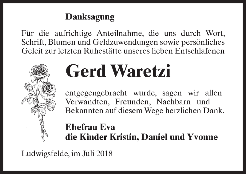  Traueranzeige für Gerd Waretzi vom 07.07.2018 aus Märkischen Allgemeine Zeitung