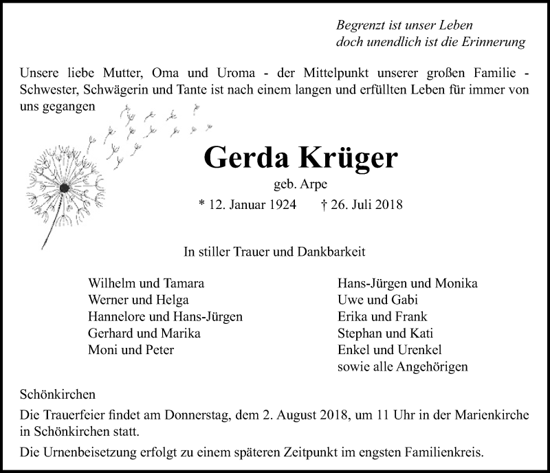  Traueranzeige für Gerda Krüger vom 31.07.2018 aus Kieler Nachrichten