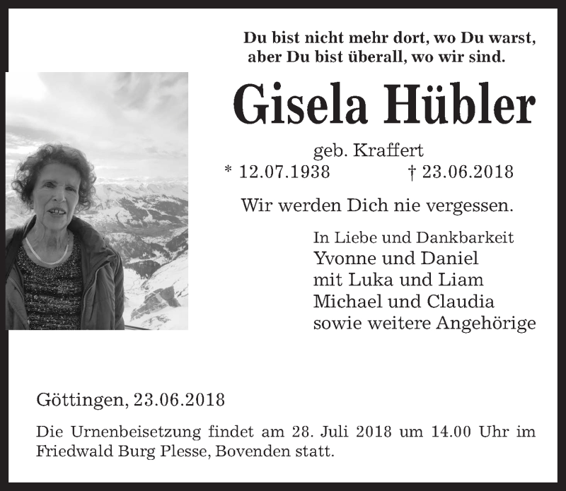  Traueranzeige für Gisela Hübler vom 14.07.2018 aus Göttinger Tageblatt