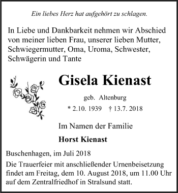Traueranzeige von Gisela Kienast von Ostsee-Zeitung GmbH