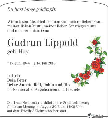 Traueranzeige von Gudrun Lippold von Leipziger Volkszeitung