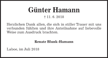 Traueranzeige von Günter Hamann von Kieler Nachrichten
