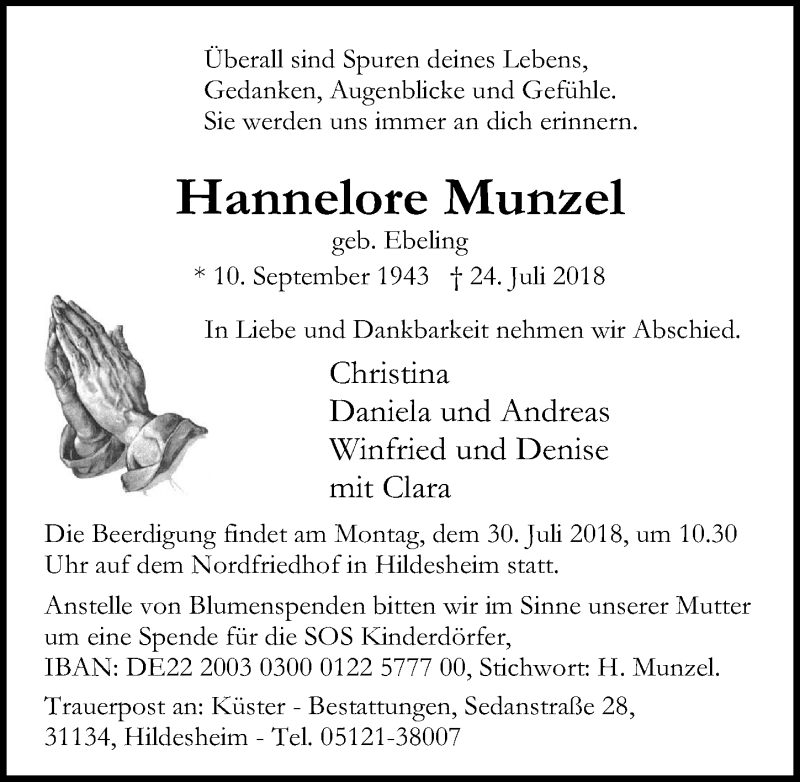  Traueranzeige für Hannelore Munzel vom 27.07.2018 aus Peiner Allgemeine Zeitung