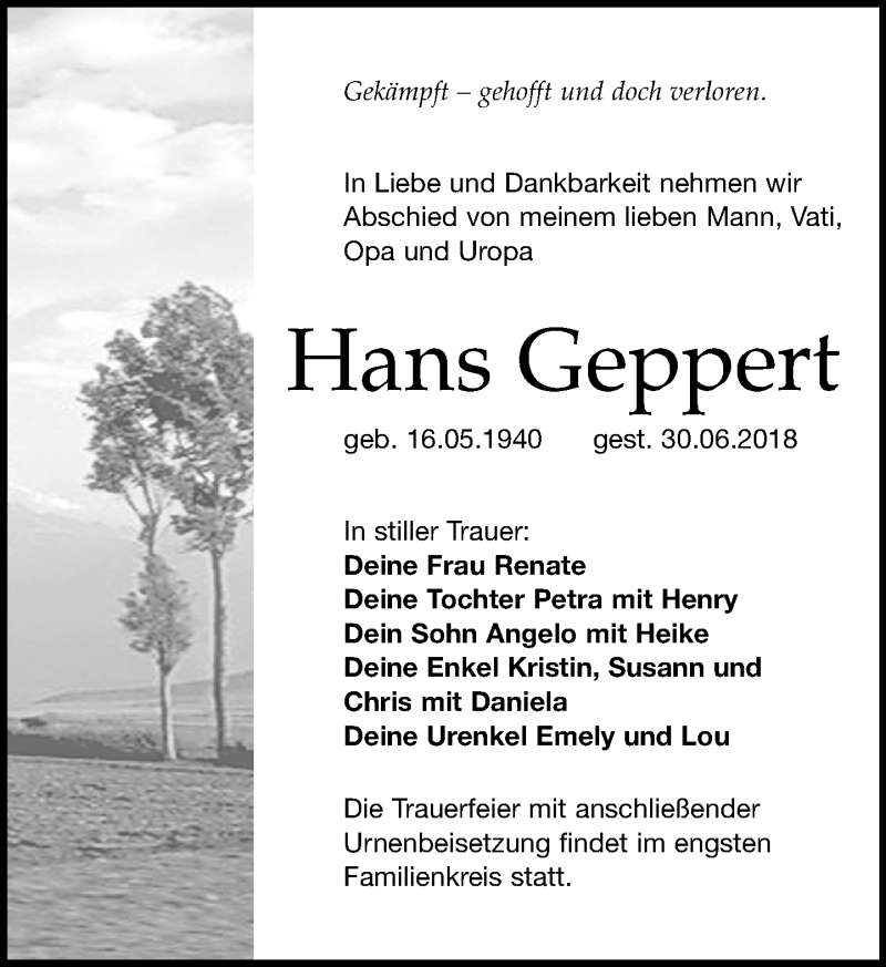  Traueranzeige für Hans Geppert vom 07.07.2018 aus Leipziger Volkszeitung