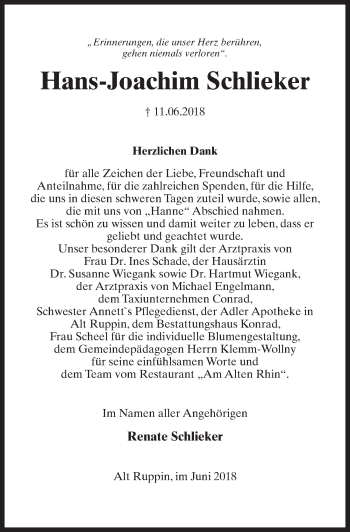 Traueranzeige von Hans-Joachim Schlieker von Märkischen Allgemeine Zeitung