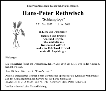 Traueranzeige von Hans-Peter Rethwisch von Kieler Nachrichten