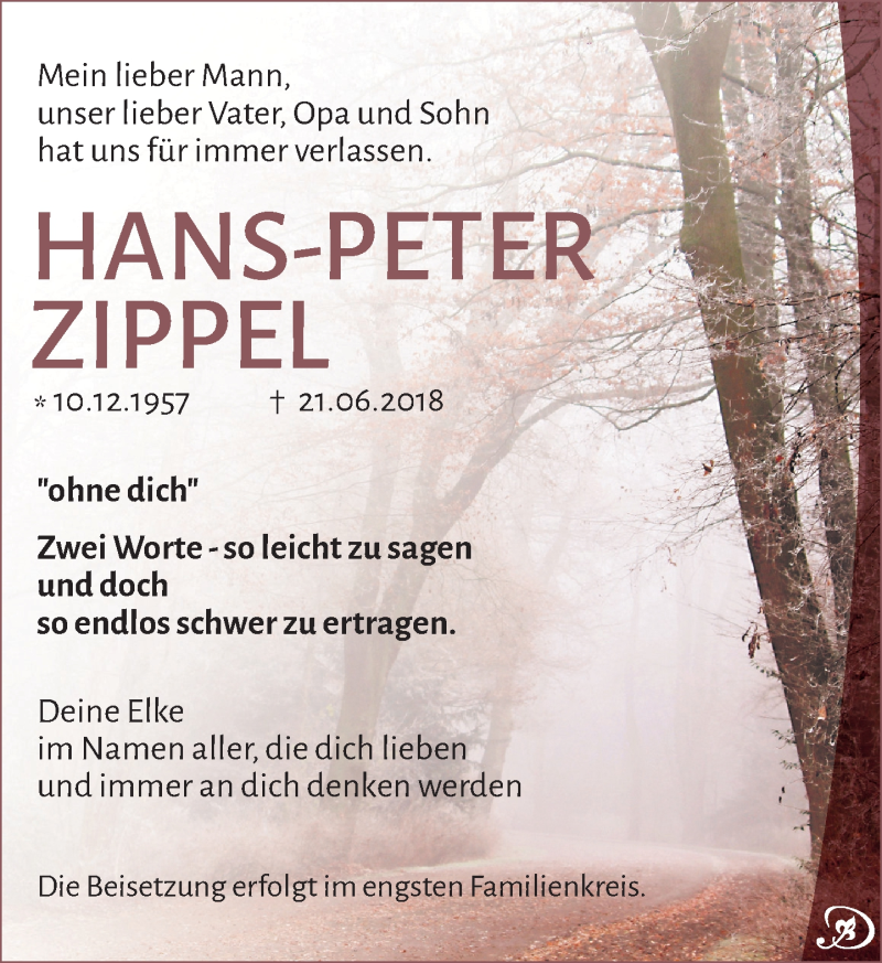  Traueranzeige für Hans-Peter Zippel vom 07.07.2018 aus Leipziger Volkszeitung