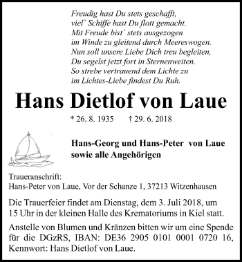 Traueranzeige von Hans Dietlof von Laue von Kieler Nachrichten