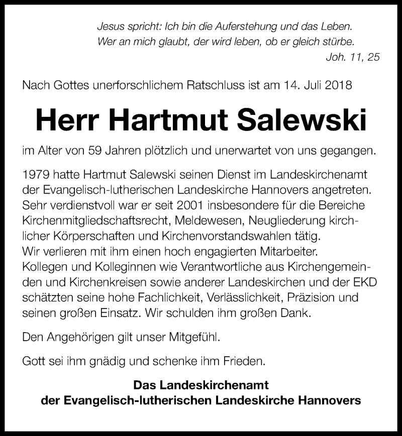  Traueranzeige für Hartmut Salewski vom 21.07.2018 aus Hannoversche Allgemeine Zeitung/Neue Presse