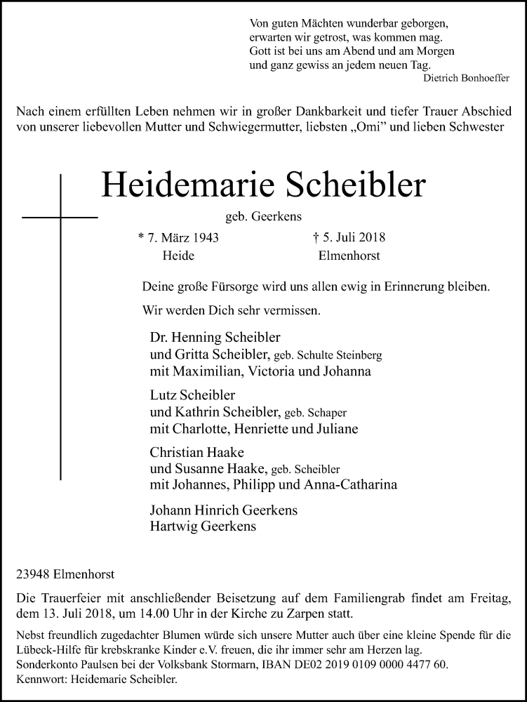  Traueranzeige für Heidemarie Scheibler vom 07.07.2018 aus Ostsee-Zeitung GmbH
