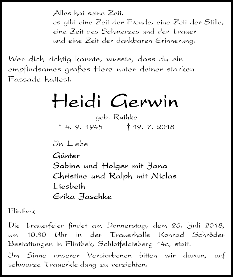  Traueranzeige für Heidi Gerwin vom 21.07.2018 aus Kieler Nachrichten