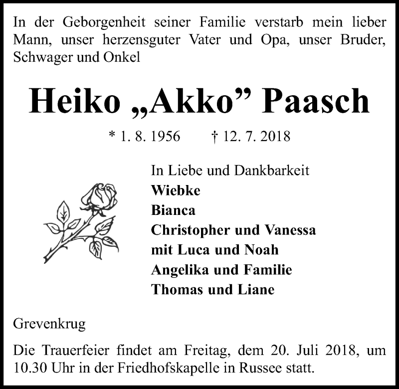 Traueranzeige für Heiko  Paasch vom 18.07.2018 aus Kieler Nachrichten