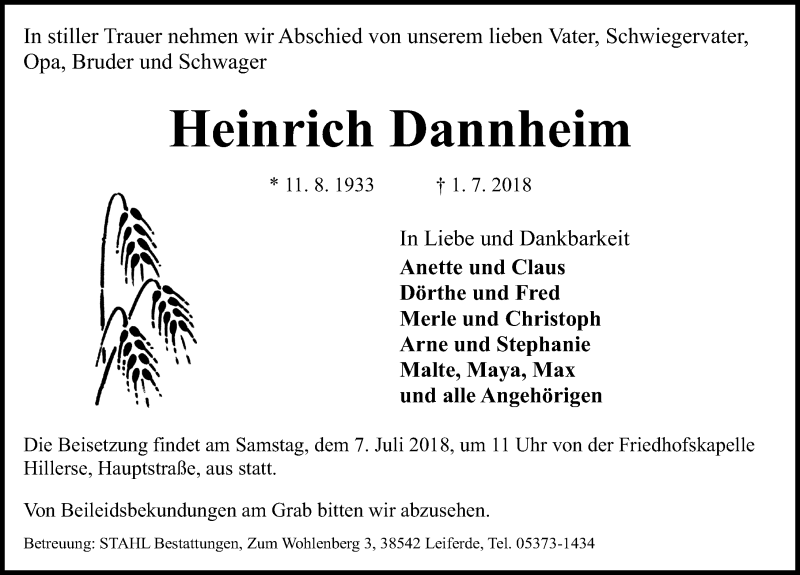  Traueranzeige für Heinrich Dannheim vom 04.07.2018 aus Aller Zeitung