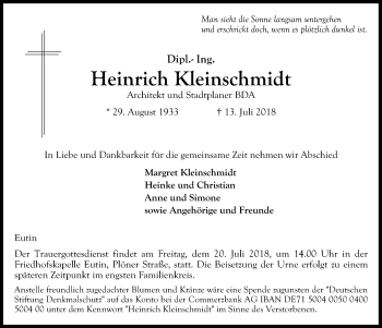 Traueranzeige von Heinrich Kleinschmidt von Kieler Nachrichten