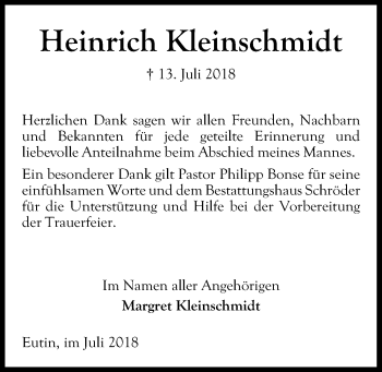 Traueranzeige von Heinrich Kleinschmidt von Kieler Nachrichten