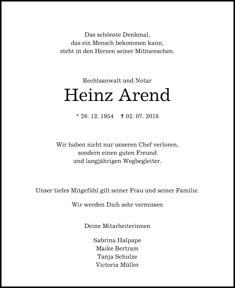  Traueranzeige für Heinz Arend vom 04.07.2018 aus Göttinger Tageblatt