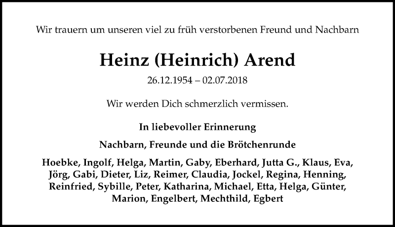  Traueranzeige für Heinz Arend vom 07.07.2018 aus Göttinger Tageblatt
