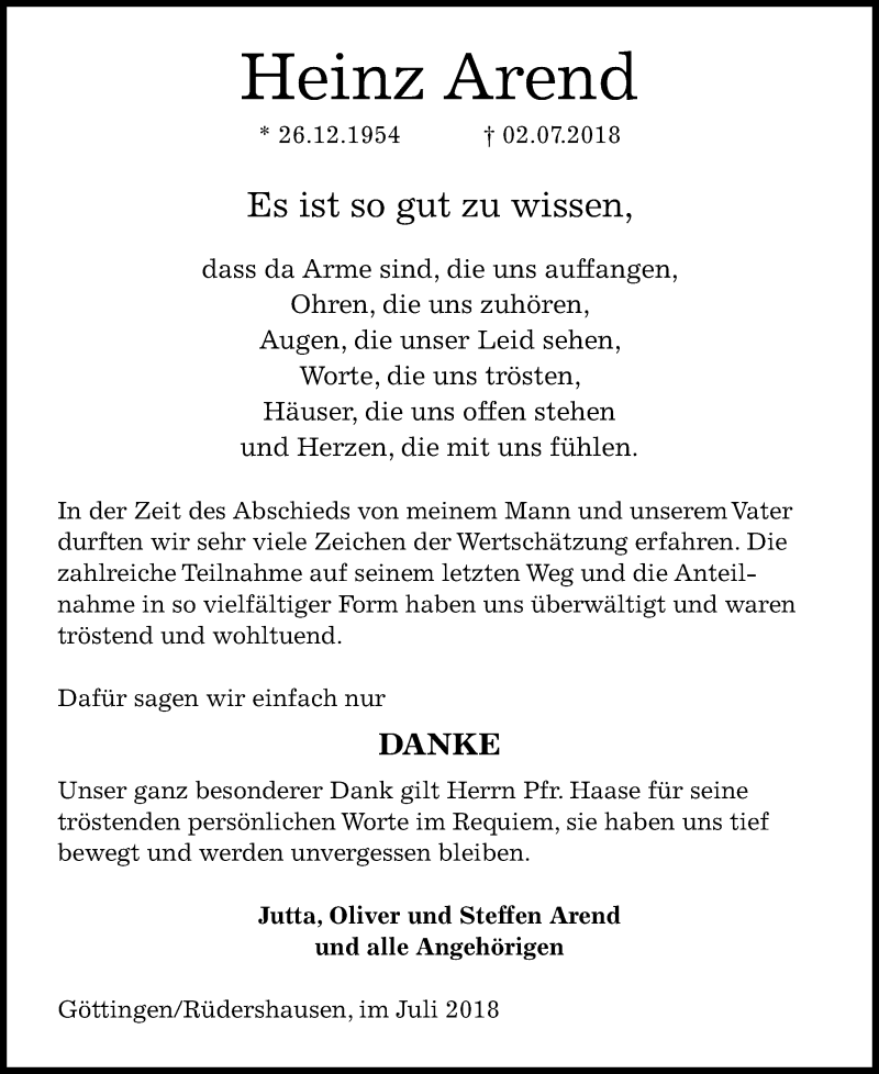  Traueranzeige für Heinz Arend vom 14.07.2018 aus Göttinger Tageblatt
