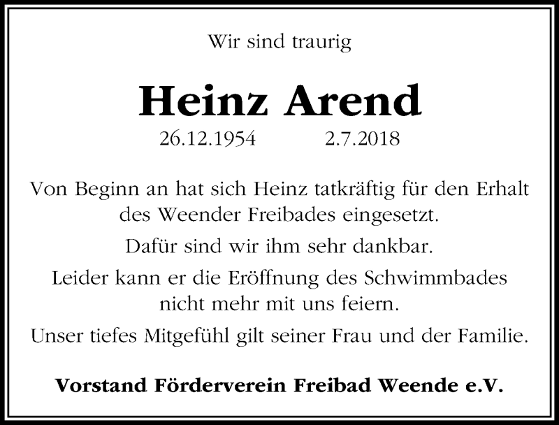 Traueranzeige für Heinz Arend vom 06.07.2018 aus Göttinger Tageblatt