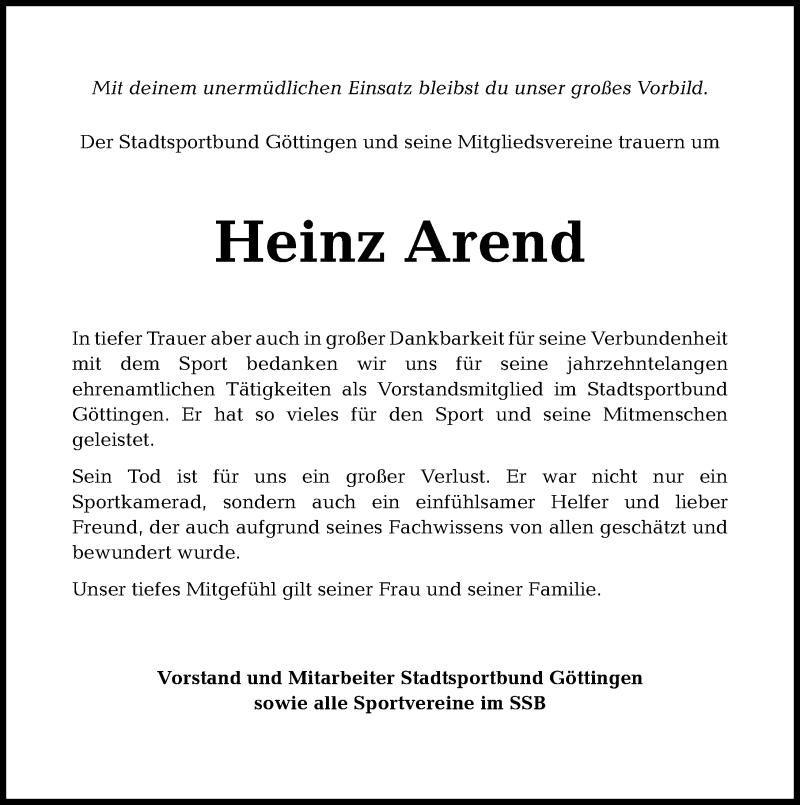  Traueranzeige für Heinz Arend vom 05.07.2018 aus Göttinger Tageblatt