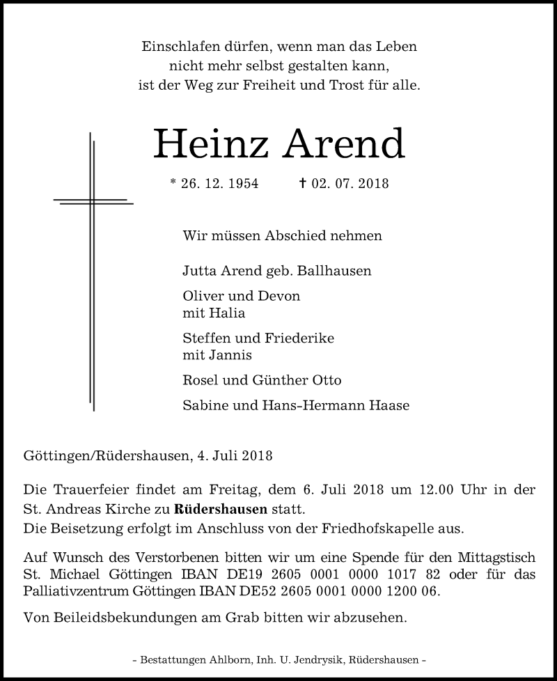  Traueranzeige für Heinz Arend vom 04.07.2018 aus Göttinger Tageblatt