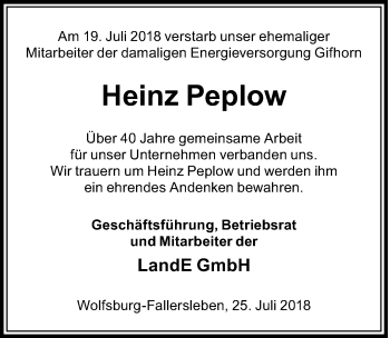 Traueranzeige von Heinz Peplow von Aller Zeitung