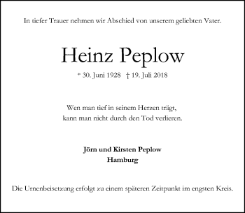 Traueranzeige von Heinz Peplow von Aller Zeitung