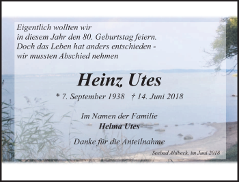 Traueranzeige von Heinz Utes von Ostsee-Zeitung GmbH