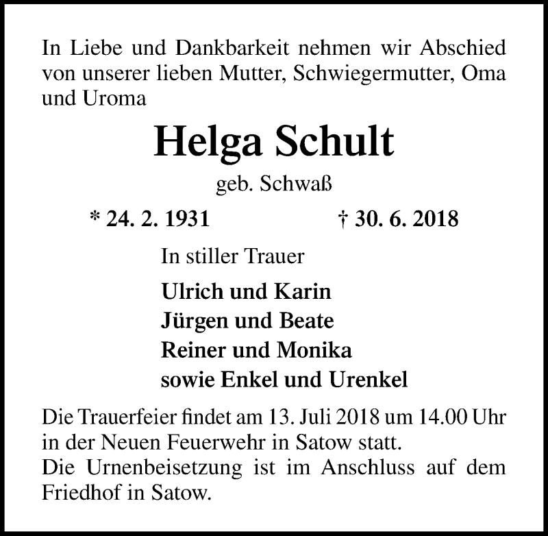  Traueranzeige für Helga Schult vom 07.07.2018 aus Ostsee-Zeitung GmbH