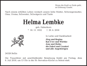 Traueranzeige von Helma Lembke von Kieler Nachrichten