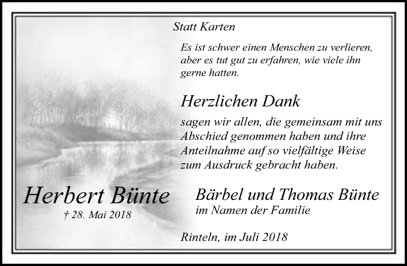  Traueranzeige für Herbert Bünte vom 07.07.2018 aus Schaumburger Nachrichten