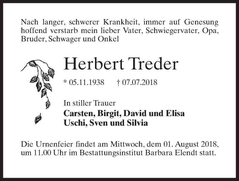  Traueranzeige für Herbert Treder vom 21.07.2018 aus Märkischen Allgemeine Zeitung