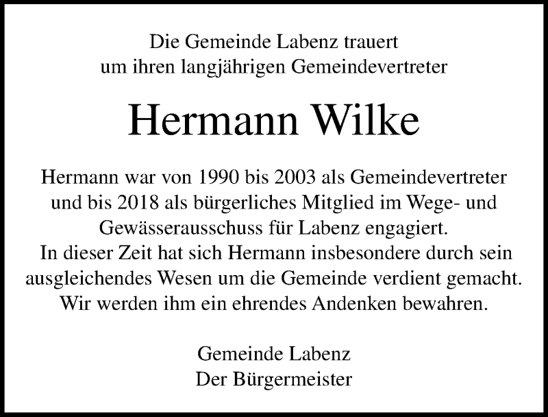  Traueranzeige für Hermann Wilke vom 10.07.2018 aus Lübecker Nachrichten