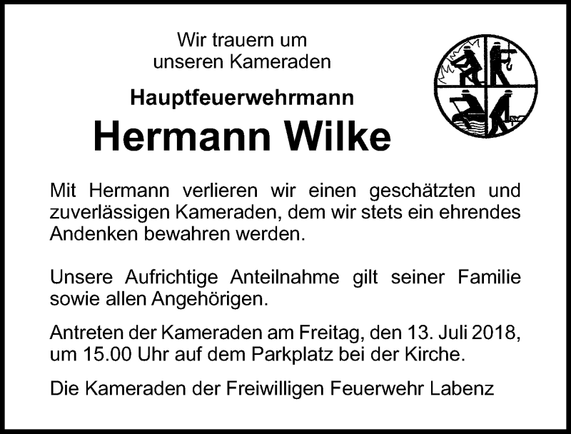  Traueranzeige für Hermann Wilke vom 10.07.2018 aus Lübecker Nachrichten