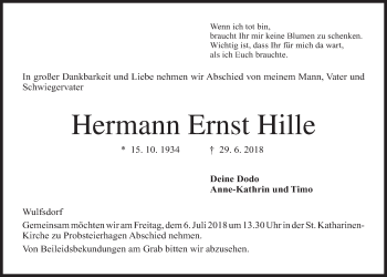 Traueranzeige von Hermann Ernst Hille von Kieler Nachrichten