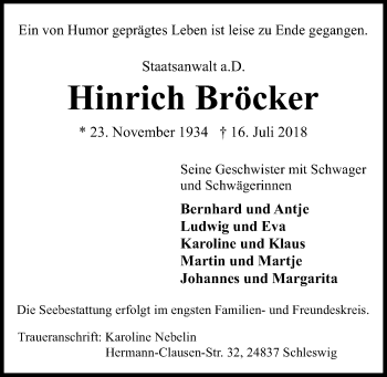 Traueranzeige von Hinrich Bröcker von Kieler Nachrichten