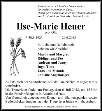 Traueranzeige von Ilse-Marie Heuer von Aller Zeitung