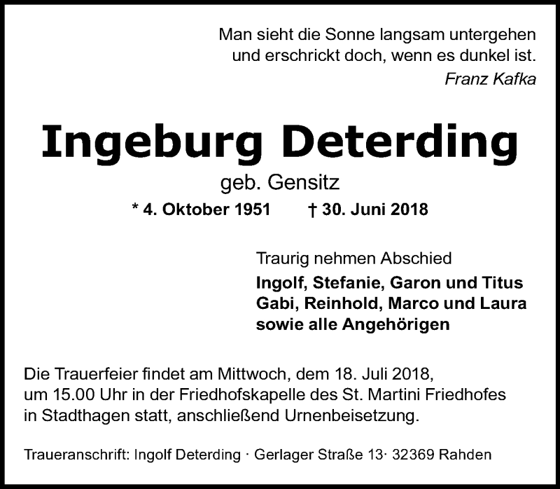  Traueranzeige für Ingeburg Deterding vom 14.07.2018 aus Schaumburger Nachrichten
