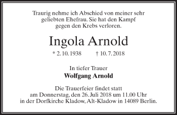 Traueranzeige von Ingola Arnold von Märkischen Allgemeine Zeitung