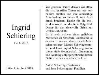 Traueranzeige von Ingrid Schiering von Lübecker Nachrichten