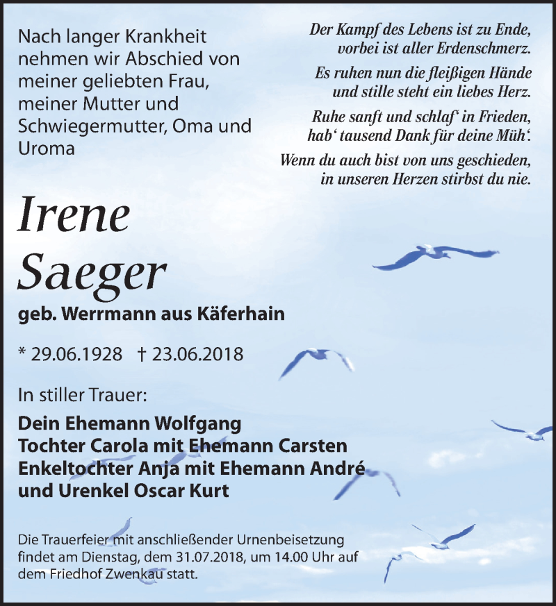  Traueranzeige für Irene Saeger vom 07.07.2018 aus Leipziger Volkszeitung