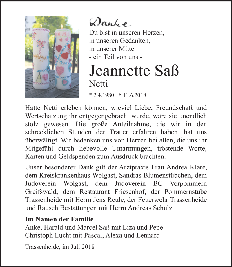  Traueranzeige für Jeannette Saß vom 07.07.2018 aus Ostsee-Zeitung GmbH