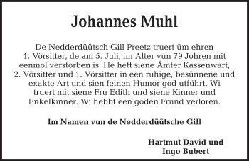 Traueranzeige von Johannes Muhl von Kieler Nachrichten