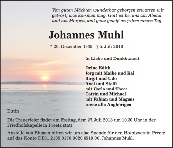 Traueranzeige von Johannes Muhl von Kieler Nachrichten