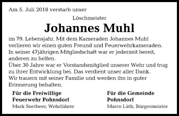 Traueranzeige von Johannes Muhl von Kieler Nachrichten