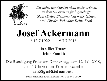 Traueranzeige von Josef Ackermann von Aller Zeitung