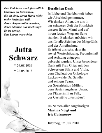 Traueranzeige von Jutta Schwarz von Märkischen Allgemeine Zeitung